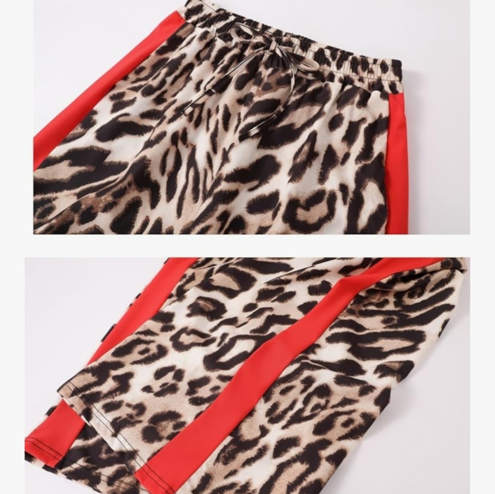 Leopard Print Color Block Wide-Leg Pants with Red Stripe - Picture 4 of 7